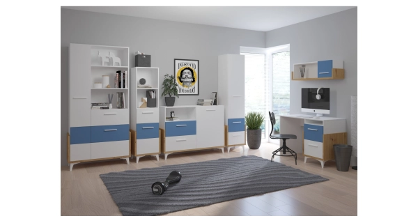 Psací stůl LEPON 105, dub artisan/bílá/modrá, 5 let záruka