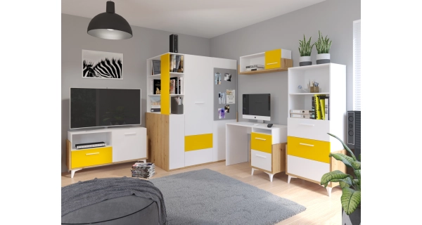 Psací stůl LEPON 105, dub artisan/bílá/žlutá