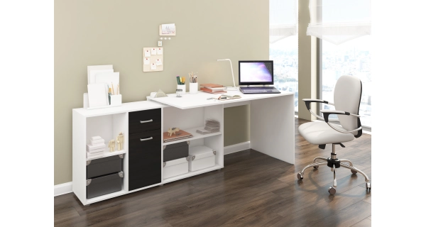 Psací stůl ROTHING, levý, bílá/černý lesk, 5 let záruka