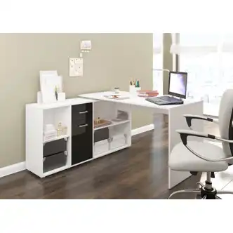 Psací stůl ROTHING, levý, bílá/černý lesk