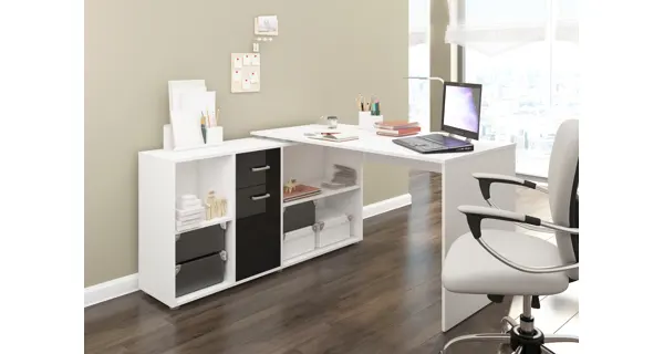 Psací stůl ROTHING, levý, bílá/černý lesk