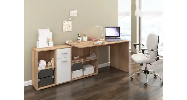 Psací stůl ROTHING, levý, dub sonoma/bílý lesk