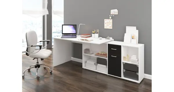 Psací stůl ROTHING, pravý, bílá/černý lesk