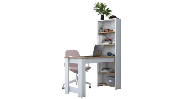 Psací stůl VORMIR s knihovnou, bílá/vlašský ořech