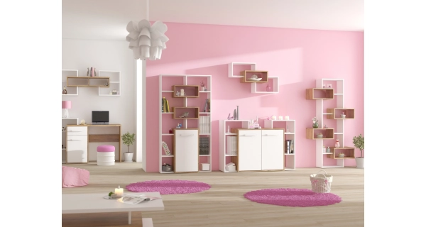 Regál DORINDA, dub burgundský/bílá, 5 let záruka