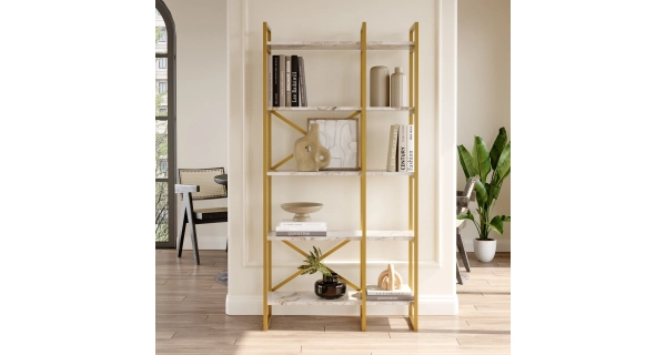 Regál HELRIS, bílý mramor/zlatá