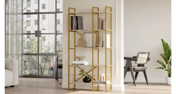 Regál HELRIS, bílý mramor/zlatá