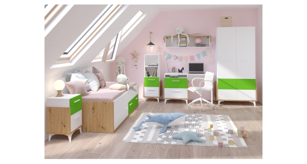 Regál LEPON 45N, dub artisan/bílá/zelená, 5 let záruka