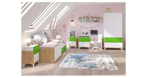 Regál LEPON 45N, dub artisan/bílá/zelená