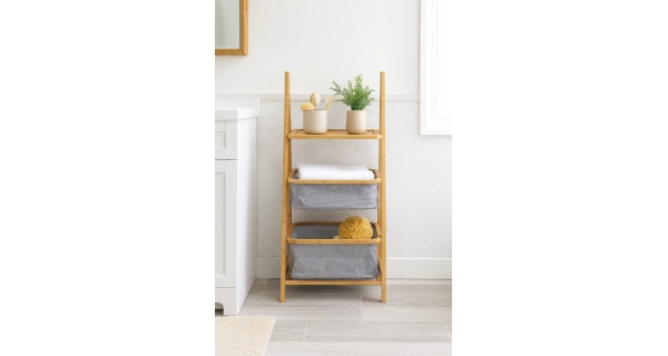 Regál MODITA s látkovými košíky, bambus/šedá