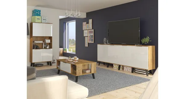 Regál OSMAK 4D, dub burgundský/bílý lesk