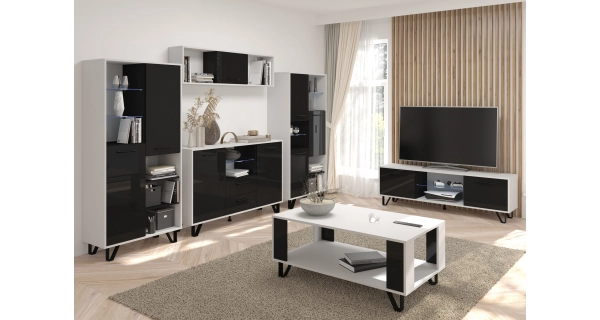 Regál PRUDHOE 2D, bílá/černý lesk, 5 let záruka