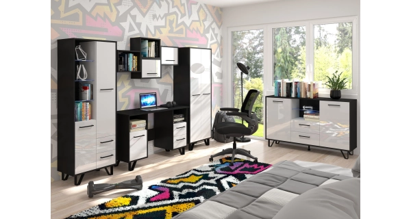 Regál PRUDHOE 2D2S, černá/bílý lesk, 5 let záruka