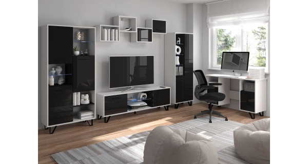 Regál PRUDHOE 3D, bílá/černý lesk, 5 let záruka