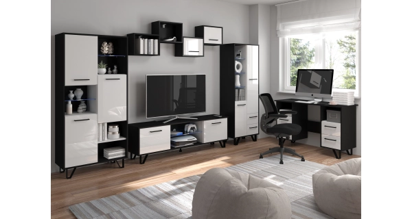 Regál PRUDHOE 3D, černá/bílý lesk, 5 let záruka