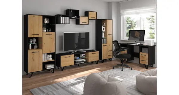 Regál PRUDHOE 3D, černá/dub artisan