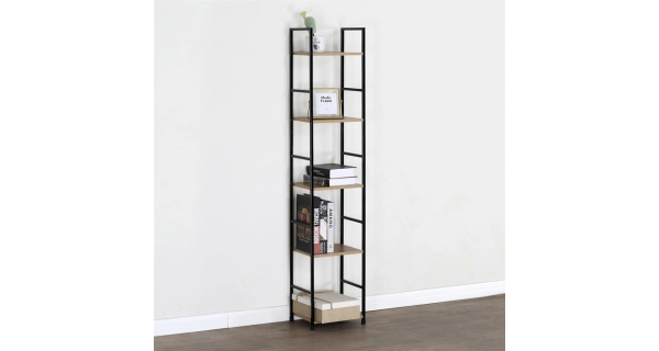 Regál ROSJORLEM, 5 polic, dekor dub, černý lak