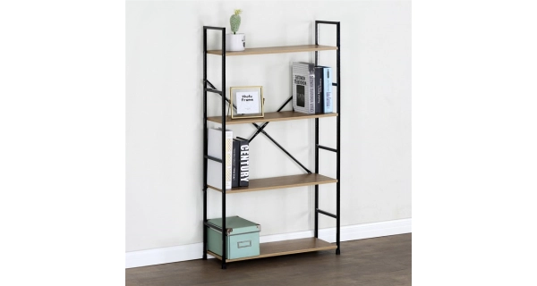 Regál ZORHALQUIN, 4 police, dekor dub, černý lak