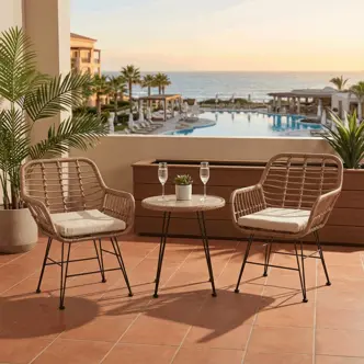 Relaxační set SARQUINPON, stůl + 2 židle, umělý ratan, látka béžová