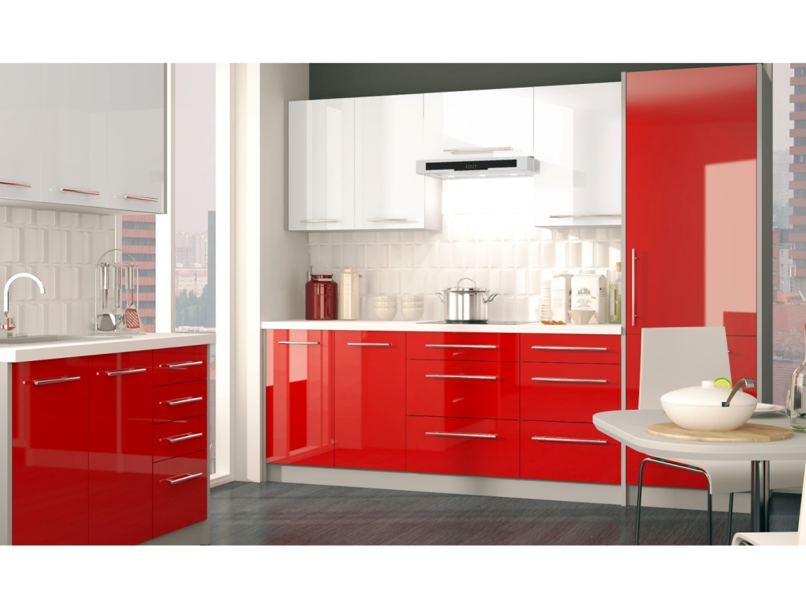 Rohová kuchyně SHAULA 370 cm, korpus grey, dvířka white + rose red