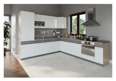 Rohová kuchyně RUTHIN 275x300, bílý lesk/grafit mat