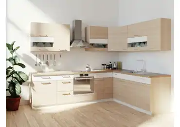 Rohová kuchyně RUTHIN 285x210, buk/bílý lesk