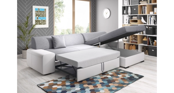 Rohová rozkládací sedačka ANTIOCHIE, pravá, šedá/bílá