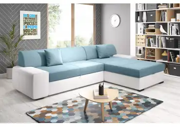 Rohová rozkládací sedačka ANTIOCHIE, pravá, světle modrá/bílá