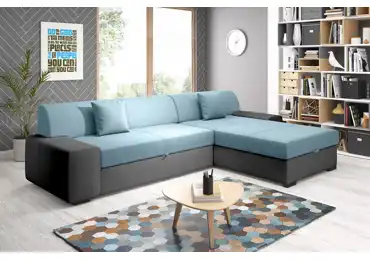 Rohová rozkládací sedačka ANTIOCHIE, pravá, světle modrá/černá