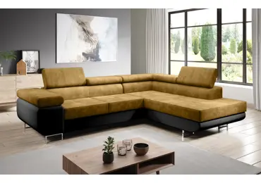 Rohová rozkládací sedačka SINGER L, pravá, hořčicová/černá