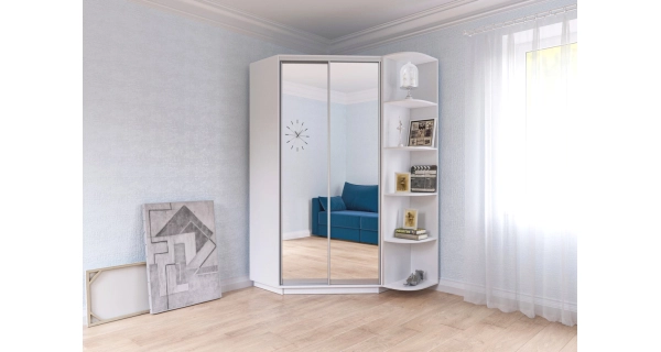 Rohová šatní skříň KELABIT 110 se zrcadlem, bílá