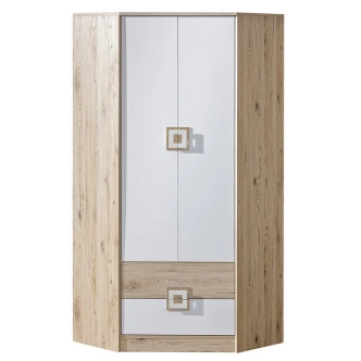 Rohová šatní skříň UWARA, dub jasný/bílá