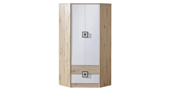 Rohová šatní skříň UWARA, dub jasný/bílá/popel