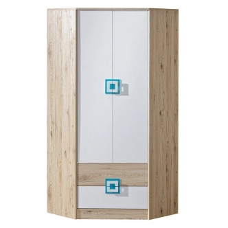 Rohová šatní skříň UWARA, dub jasný/bílá/tyrkys