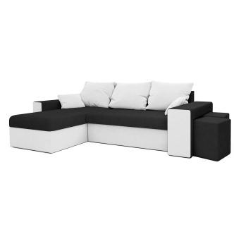 Rohová sedačka CHAMPNELLA s knihovnou a taburety, černá/bílá