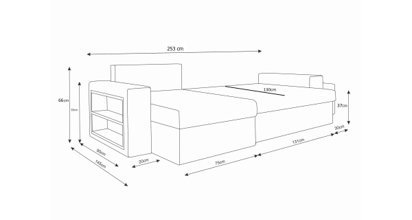 Rohová sedačka CHAMPNELLA s knihovnou a taburety, černá/bílá