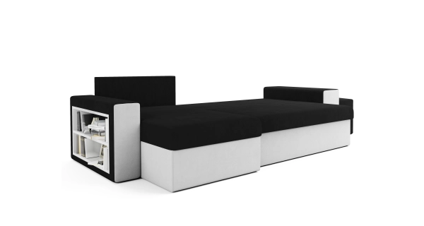 Rohová sedačka CHAMPNELLA s knihovnou a taburety, černá/bílá