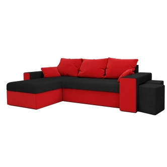 Rohová sedačka CHAMPNELLA s knihovnou a taburety, černá/červená