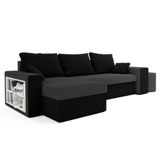 Rohová sedačka CHAMPNELLA s knihovnou a taburety,tmavě šedá/černá