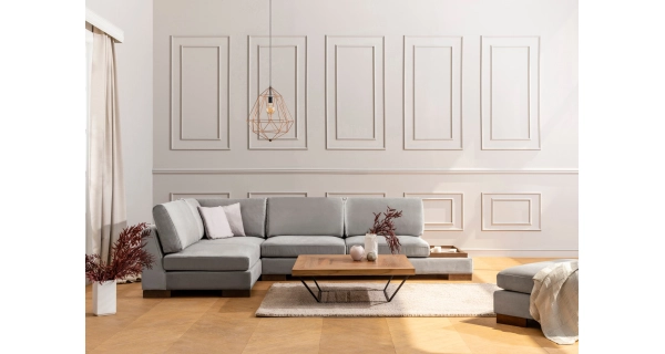 Rohová sedačka DARIUS s taburetem, levá, světle šedá