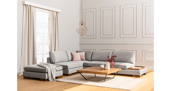 Rohová sedačka DARIUS s taburetem, levá, světle šedá