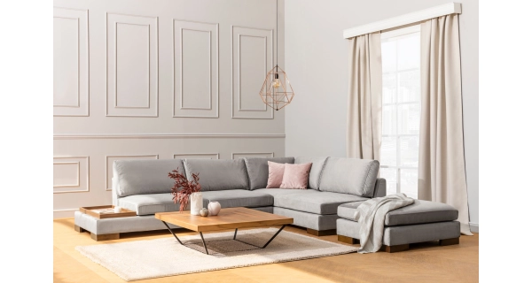 Rohová sedačka DARIUS s taburetem, pravá, světle šedá