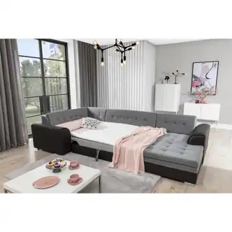 Rohová sedačka do U ESSLOR, pravá, šedá látka/černá ekokůže