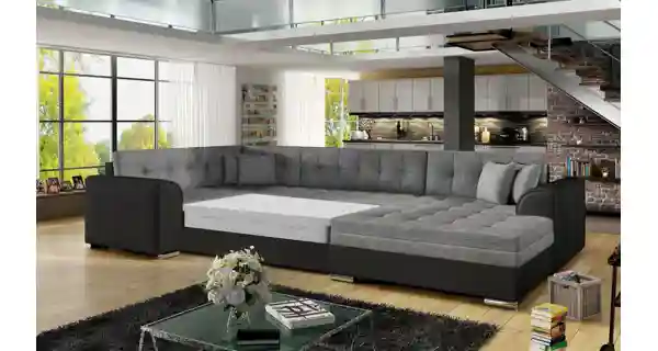 Rohová sedačka do U ESSLOR, pravá, světle šedá látka/černá ekokůže