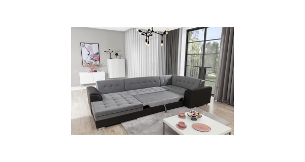 Rohová sedačka ESSLOR, levá, šedá látka/bílá ekokůže