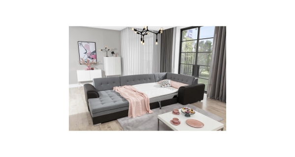 Rohová sedačka ESSLOR, levá, světle šedá látka/černá ekokůže