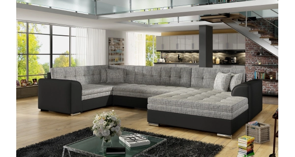 Rohová sedačka ESSLOR, pravá, šedá látka/černá ekokůže