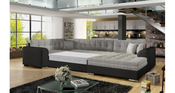 Rohová sedačka ESSLOR, pravá, šedá látka/černá ekokůže