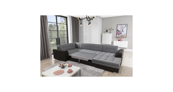 Rohová sedačka ESSLOR, pravá, šedá látka/černá ekokůže