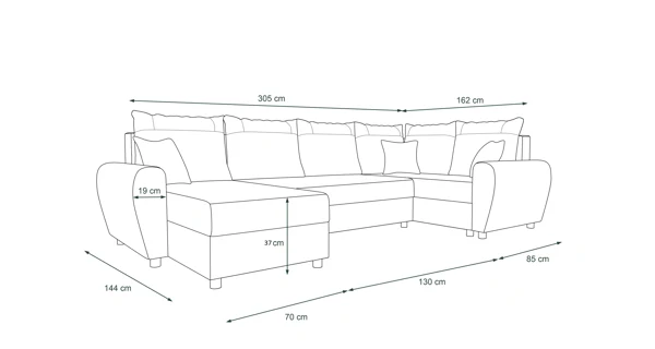 Rohová sedačka PERKSUM LONG, pravá, černá/tmavě šedá